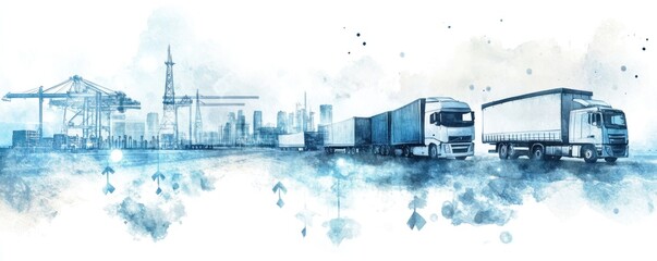 Fototapeta premium Industrial Transport Scene with Trucks and Construction Elements