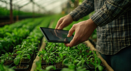 A person is engaged in monitoring young plants using a tablet in a greenhouse. The bright environment highlights numerous green seedlings growing in organized rows.