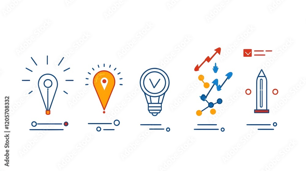 Poster Comprehensive set of linear business icons representing key concepts such as teamwork  growth  target  goals  and innovation  These simple graphics are designed for use in web interfaces  mobile apps