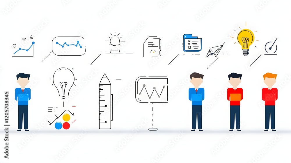 Fototapete Comprehensive set of linear business icons representing key concepts such as teamwork growth target goals and innovation  These simple graphics are designed for use in web interfaces mobile apps