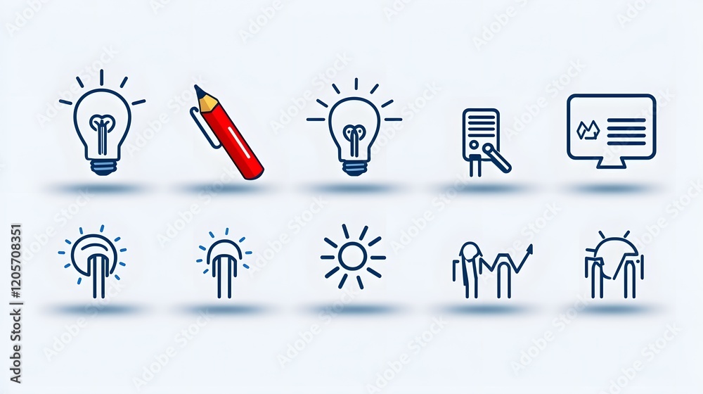 Poster Comprehensive set of linear business icons representing key concepts such as teamwork growth target goals and innovation  These simple