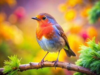 Fototapeta premium Adorable Robin Bird Perched on Branch, Miniature Tilt-Shift Photography