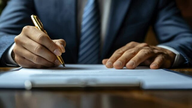 Professional man signing document with golden pen