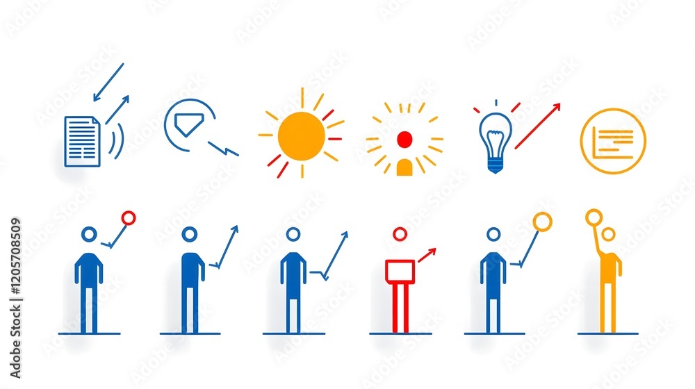 Poster Comprehensive Set of Linear Business Icons Representing Key Concepts such as Teamwork Growth Target Goals and Innovation for Use in Web Interfaces and Mobile Apps