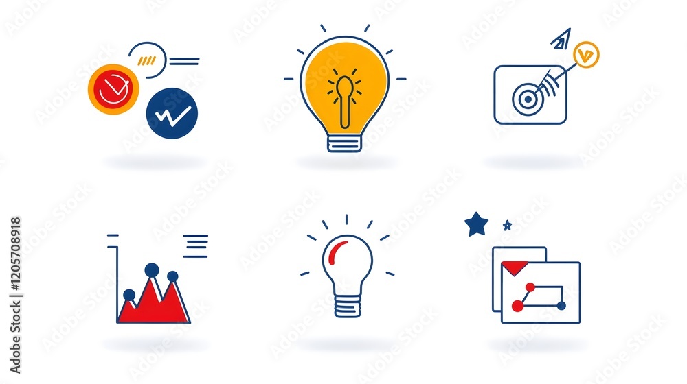 Poster minimalist collection of 6 linear icons depicting essential digital marketing elements like advertis