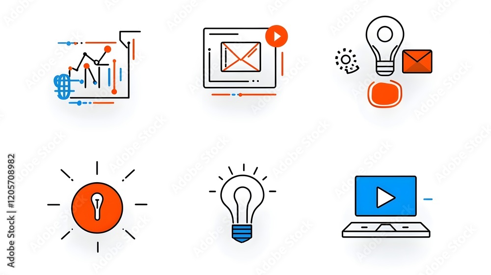 Poster minimalist digital marketing icon collection depicting essential elements like advertising targets s