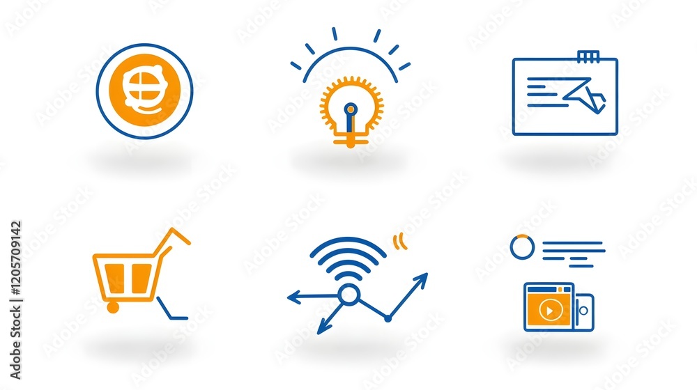 Poster Minimalist Icon Collection Depicting Essential Digital Marketing Elements Like Advertising Social Media Video Content and More Designed in a Modern Thin Line Style