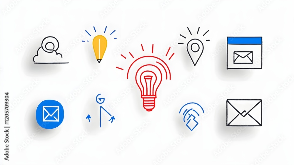 Poster Collection of 6 linear icons in a minimalist icon set depicting essential digital marketing elements like advertising targets social media influence online video content and more