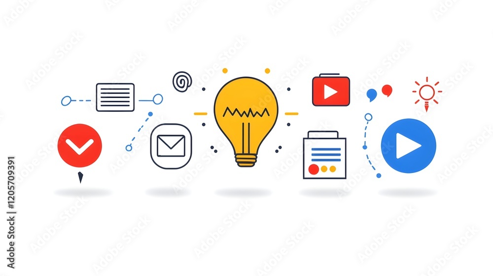Poster collection of 6 minimalist linear icons depicting essential digital marketing elements like advertis