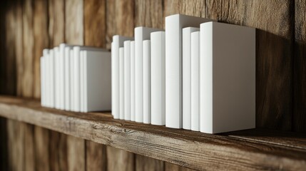 White books on rustic wooden shelf, library background, mockup