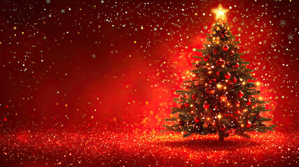 Sparkling Christmas Tree Against a Festive Red Background