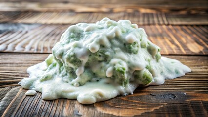 A moldy, white, lumpy mass of slime growing on a wooden surface, growth, nature