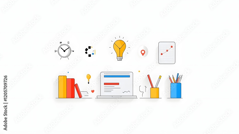 Poster collection of 6 linear icons focusing on corporate business strategies company growth and organizati