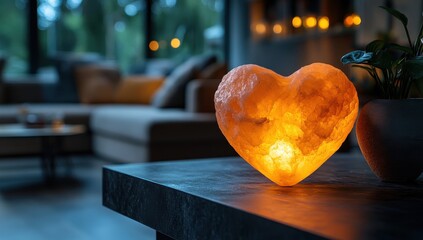 Heartfelt Glow: A warm, glowing heart-shaped Himalayan salt lamp casts a comforting, soft light, illuminating the modern living room ambiance with an inviting and cozy feel.