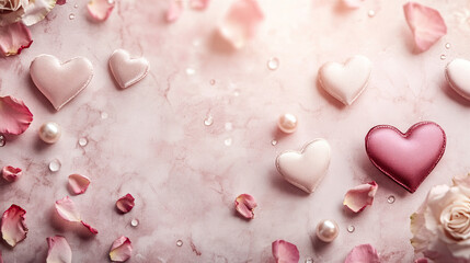 Romantic love hearts on soft pink background with rose petals