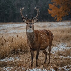 A deer standing in a field, one side autumn brown, the other covered in snow.