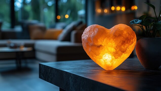 Heartfelt Glow: A warm, glowing heart-shaped Himalayan salt lamp casts a comforting, soft light, illuminating the modern living room ambiance with an inviting and cozy feel.