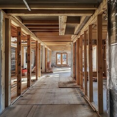Interior Hallway Under Construction: Wood Framing and Plywood Flooring