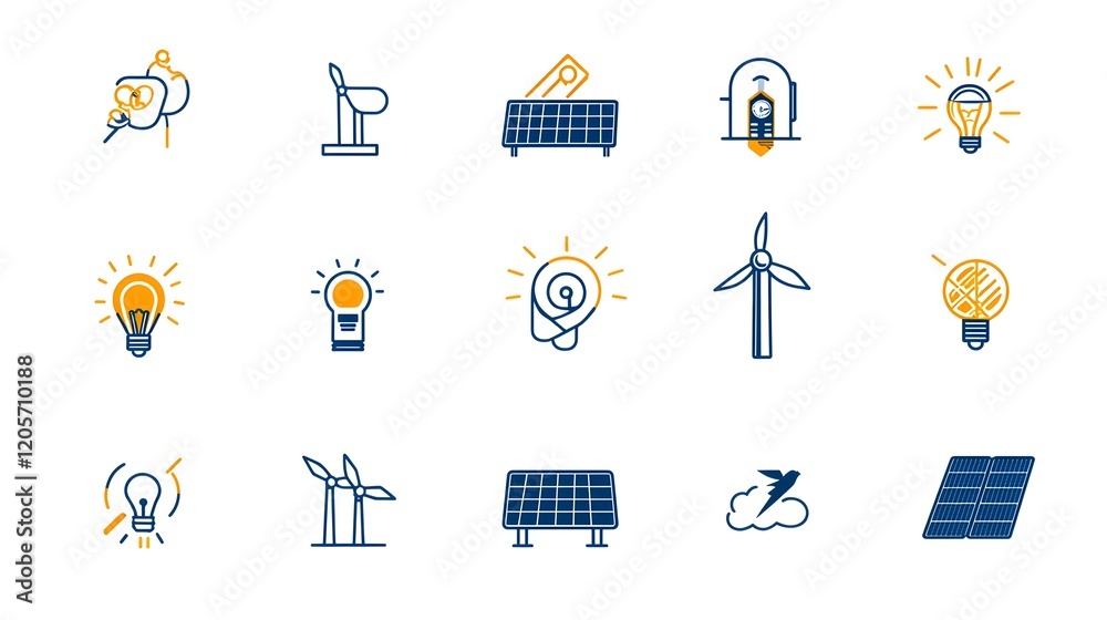 Aufkleber comprehensive solar energy icon set featuring 15 minimalist outlines depicting various renewable pow