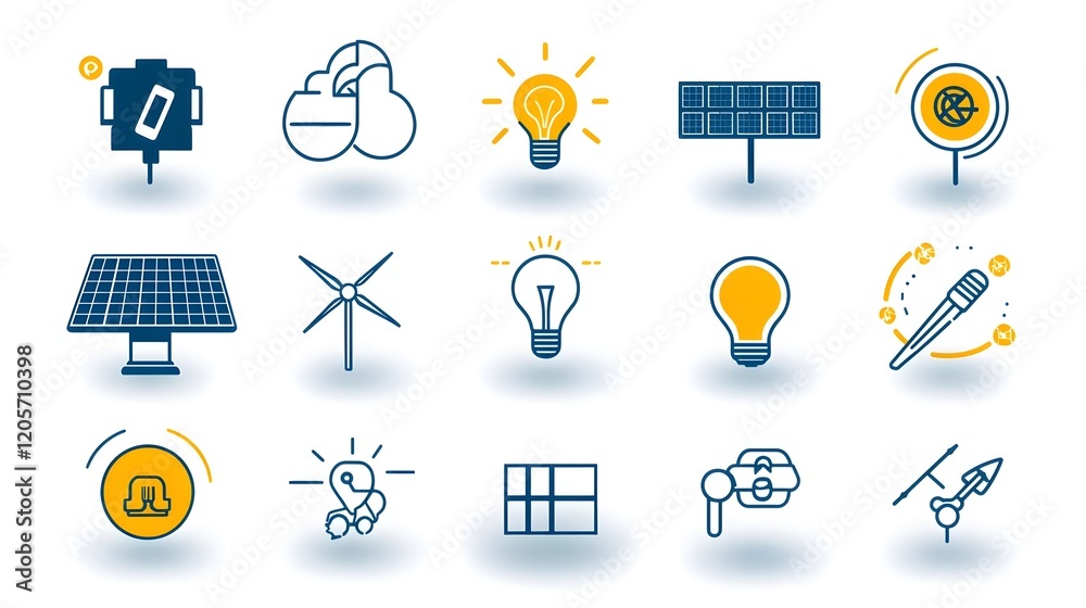 Poster a collection of 15 minimalist outline icons showcasing various renewable solar power solutions inclu
