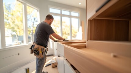 Skilled Carpenter Installs Custom Cabinetry in Bright Dining Room with Natural Illumination