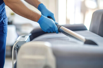 Expert cleaning of a sofa using advanced steam equipment to ensure deep sanitation in a modern living room setting