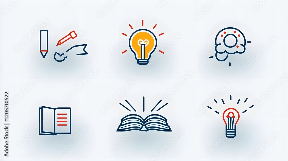 Poster A comprehensive set of 6 linear icons that symbolize the concepts of knowledge learning and intelligence  The icons depict various elements such as a book a mind and creativity