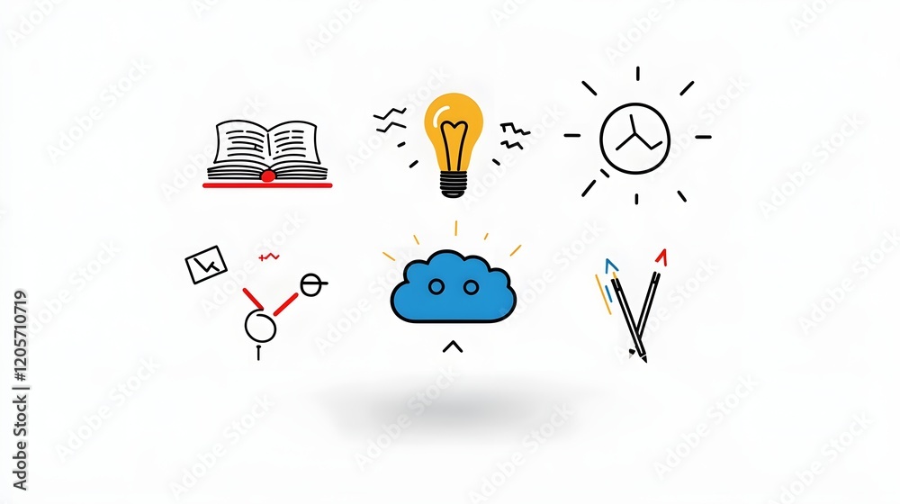 Poster This comprehensive icon set features a collection of 6 linear symbols that represent the concept of knowledge  learning and intelligence  The set includes icons depicting a book  a mind  creativity