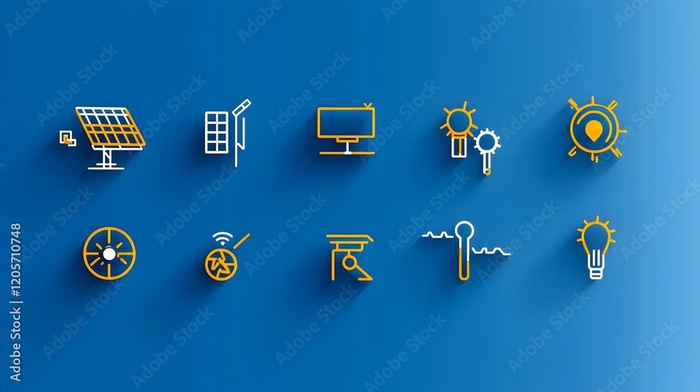 Poster Comprehensive collection of 15 minimalist outline icons depicting various renewable power solutions including solar panel installation  power grid connection