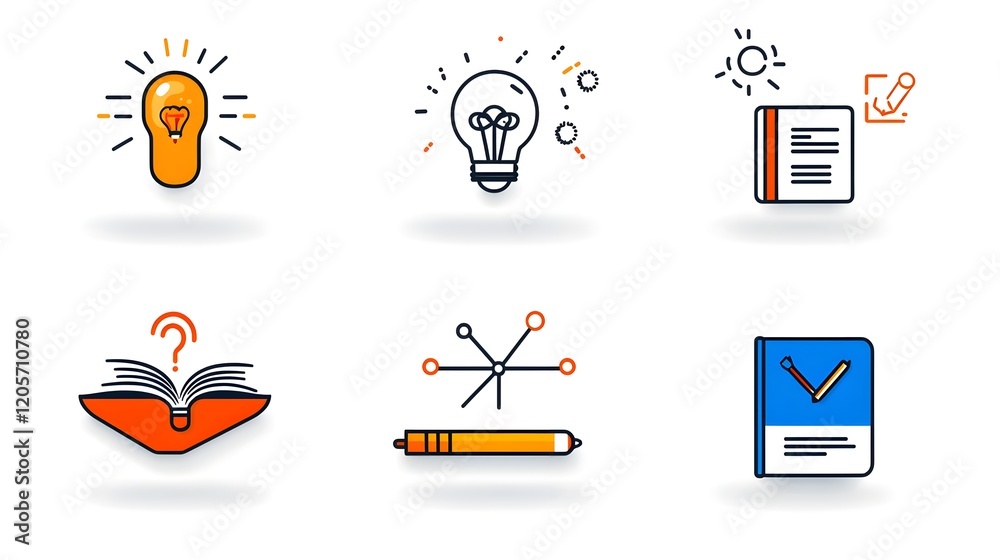 Poster A comprehensive set of 6 linear icons that symbolize the concepts of knowledge learning and intelligence  The icons depict elements such as a book a mind and creativity