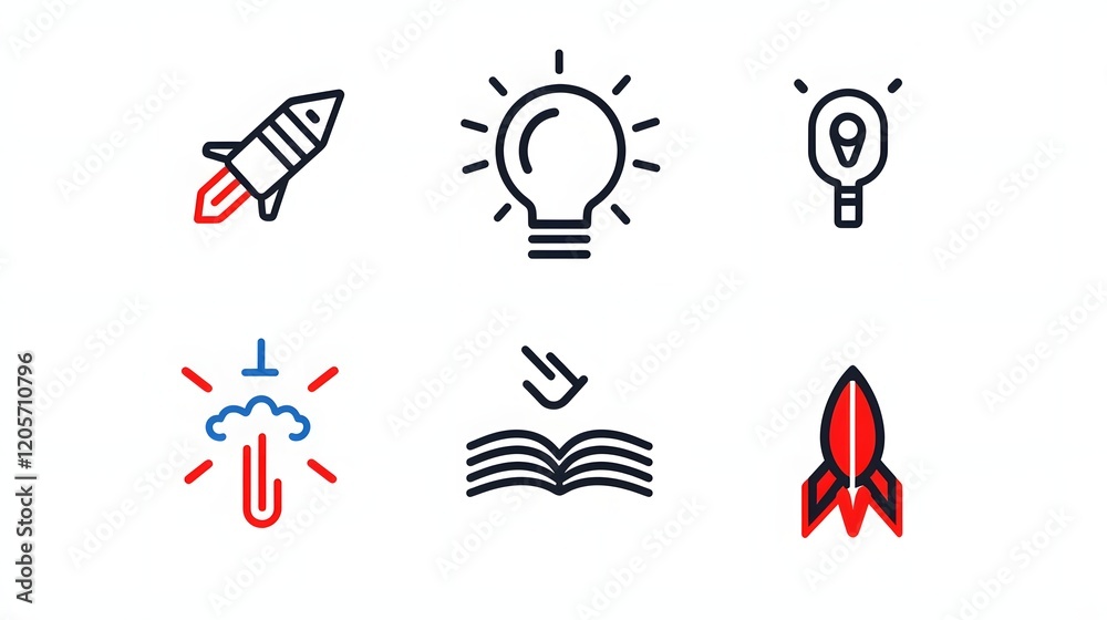 Leinwandbilder Comprehensive set of 6 minimalist line icons depicting symbols that represent the concepts of knowledge learning and intelligence  The icons include a book a mind and creativity