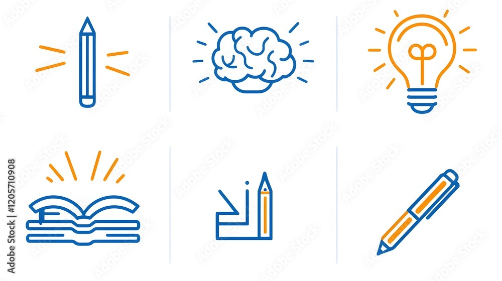 Poster A comprehensive icon set featuring symbols that represent the concept of knowledge learning and intelligence  The set includes icons depicting a book a mind and creativity