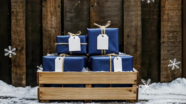 festive blue gift boxes arranged on wooden crate