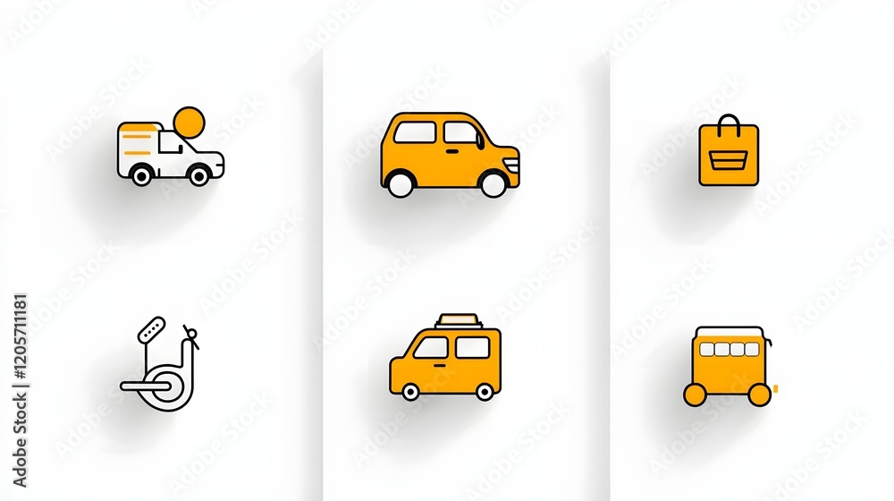 Aufkleber Collection of 6 linear minimalist transportation icons including symbols for taxi scooter subway and other public and private modes of travel