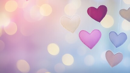 A group of colorful fabric - made heart shapes hanging against a soft, bokeh - filled background in shades of pink and blue, evoking a romantic and dreamy atmosphere.