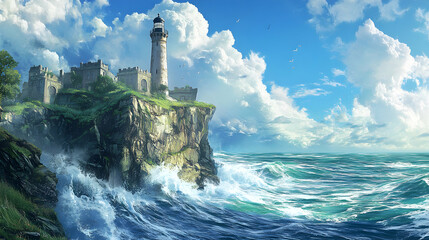 Fototapeta premium Majestic Lighthouse Overlooking Stormy Ocean Waves on Rocky Coast