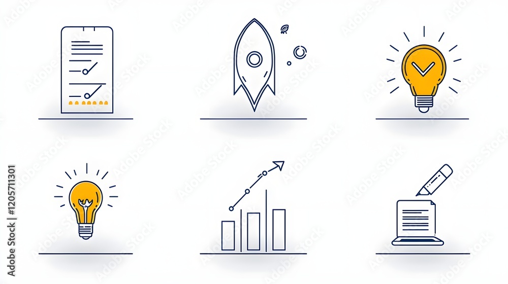 Poster collection of 6 minimalist linear outline icons depicting various elements of corporate business str