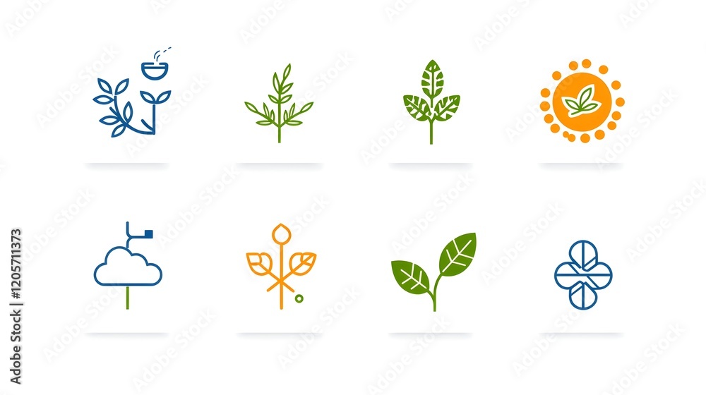 Fototapete collection of 6 linear and minimalist icons depicting key botanical and natural science concepts suc