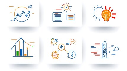 Collection of 6 linear corporate outline icons highlighting business strategies company growth and organizational goals