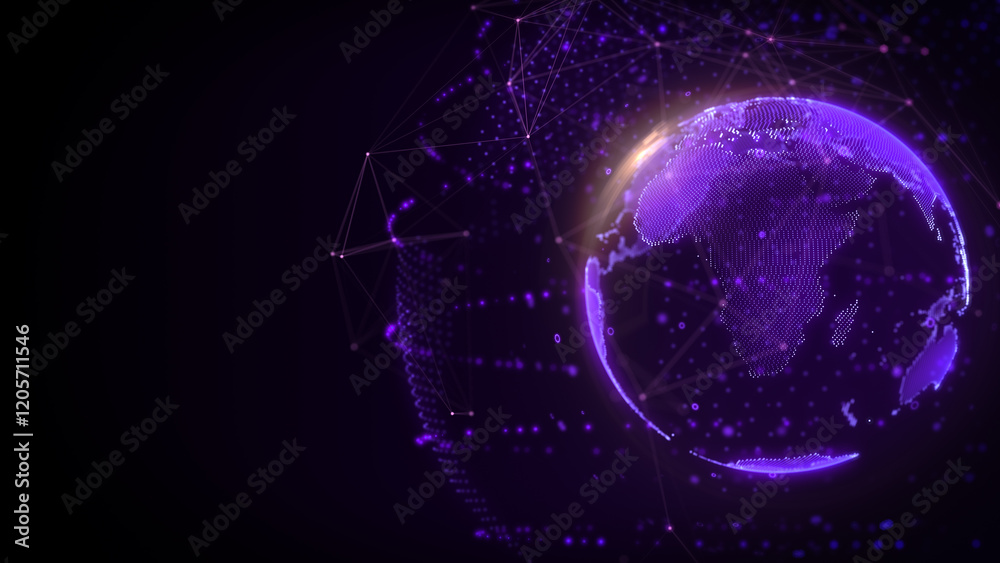 Poster Digital Purple 3D Hologram Flare Ring Earth Rotating In Cyberpunk Theme Universe Background. Blur Dot Data Structure Cover On Planet System Communication Concept illustration.