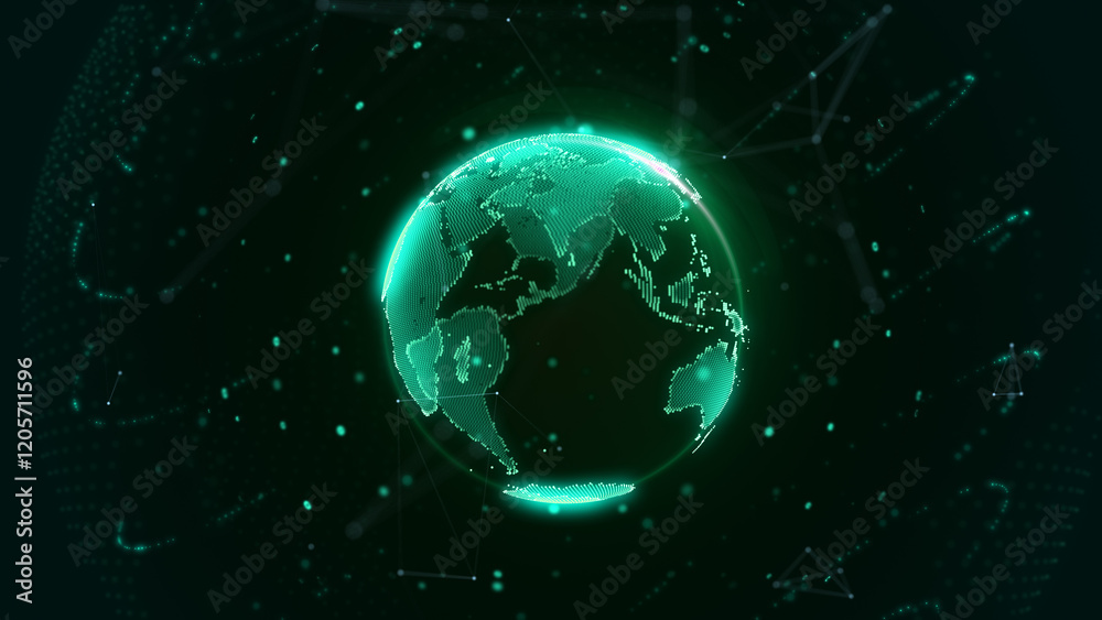 Aufkleber Digital global network solution platform with data connection transfer concept. Green earth planet spinning on the center of galaxy space illustration.