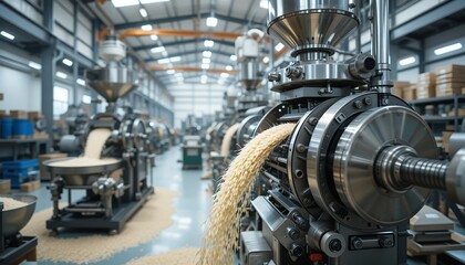 Obraz premium Automated Grain Processing Machinery in Factory Setting with Production Line View. Rice milling machine
