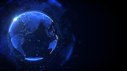 Digital earth global data network connection rotating on the left side of blue space background. Technology futuristic world map sphere with lens flare illustration background.