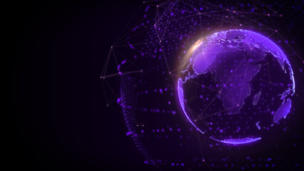 Digital Purple 3D Hologram Flare Ring Earth Rotating In Cyberpunk Theme Universe Background. Blur Dot Data Structure Cover On Planet System Communication Concept illustration.