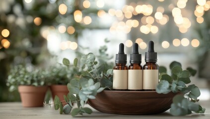 Essential Oil Bottles: Three amber glass bottles with dropper tops, showcasing blank labels, rest on a rustic wooden bowl amidst lush eucalyptus leaves.
