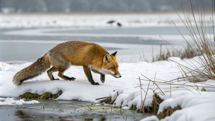 Fototapeta premium A red fox is shown crouching and ready to pounce on small prey in the snowy bog, forest path, natural behavior, snow covered ground, red fox