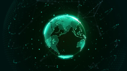 Fototapeta premium Digital global network solution platform with data connection transfer concept. Green earth planet spinning on the center of galaxy space illustration.