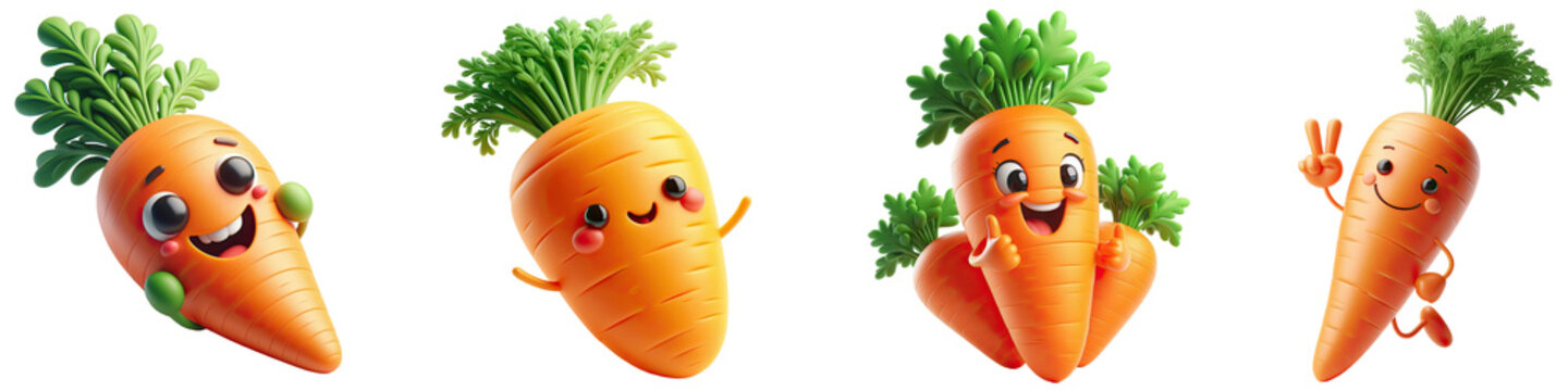 Cheerful and energetic carrot characters smiling. Root vegetables without background PNG