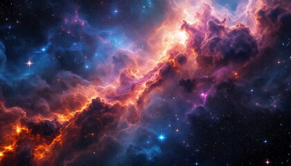 Fototapeta premium Cosmic Nebula: A Celestial Tapestry of Fiery Hues and Stellar Dust