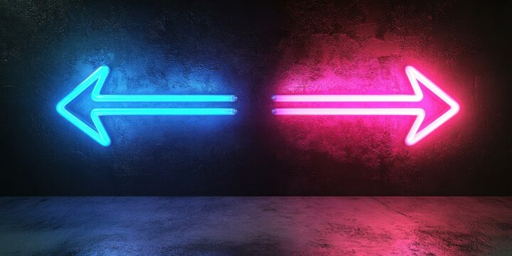 A dynamic double neon arrow pointing in opposite directions, glowing in alternating cyan and magenta on a pitch-black background